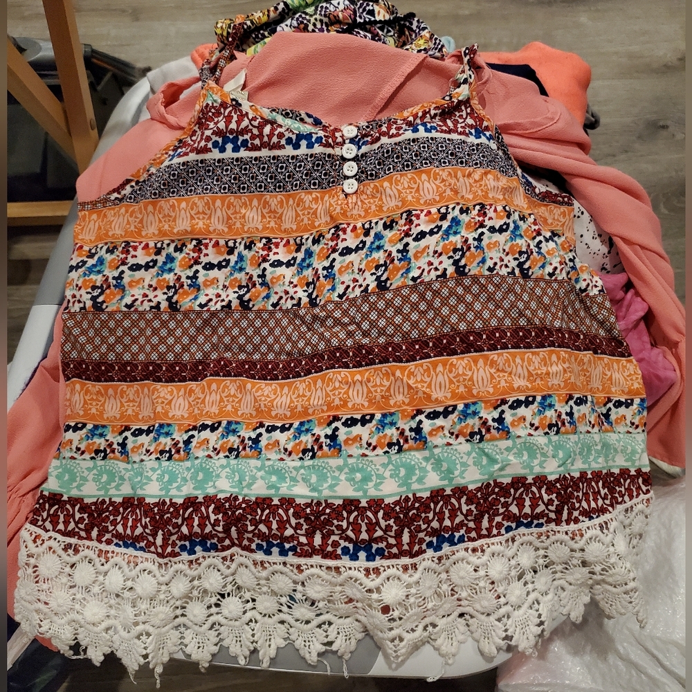 Multicolor Bohemian- Retro Blouse with Lace Trim